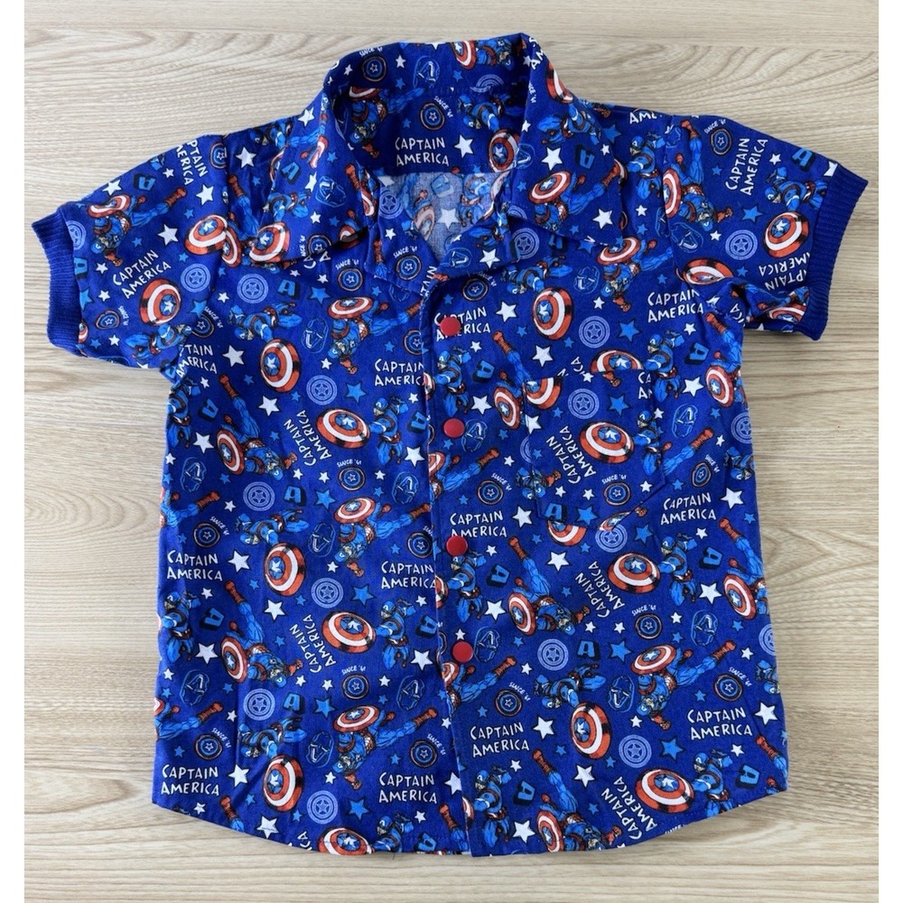 Captain America Marvel Boys Blue Short Sleeve Button-Up Shirt 3T/4T(READ)